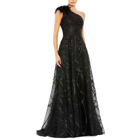 $798 Mac Duggal Size 6 Black One Shoulder Feather Ballgown‎ Long Gown Maxi Dress - Picture 2 of 4